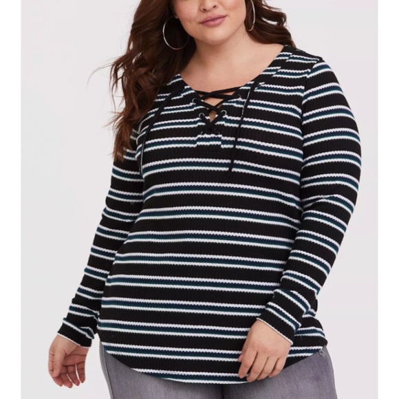 Torrid - Knit V-Neck Lace-Up Blue Green Stripe Long Sleeve Thermal Top - 3X - Picture 1 of 9